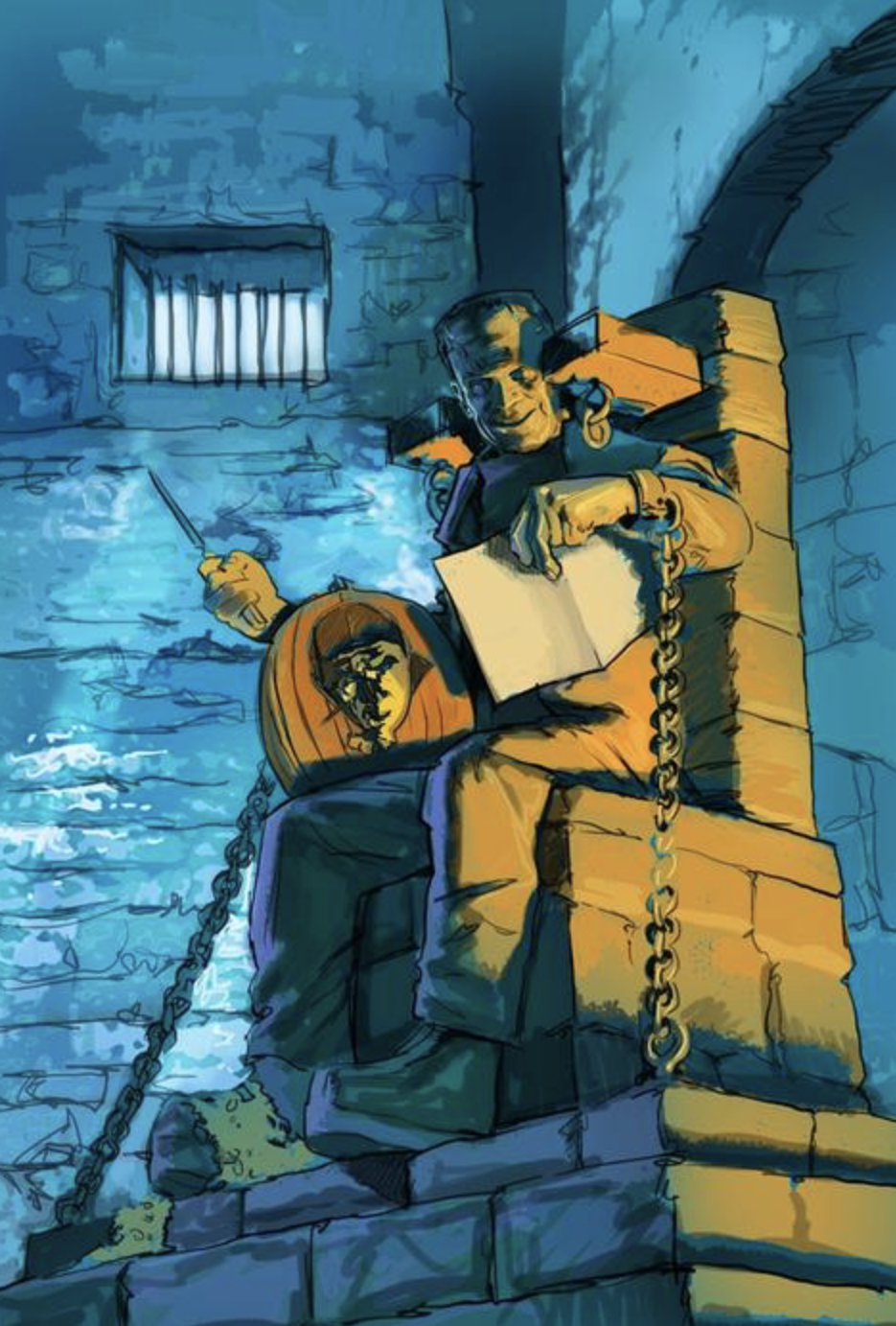 Frankenstein rough painting — marker and pencil stage